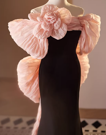 Exquisite Off-Shoulder Black Mermaid Sweet 16th Dresses Bow Train Handmade Flower Prom Dress AP5571