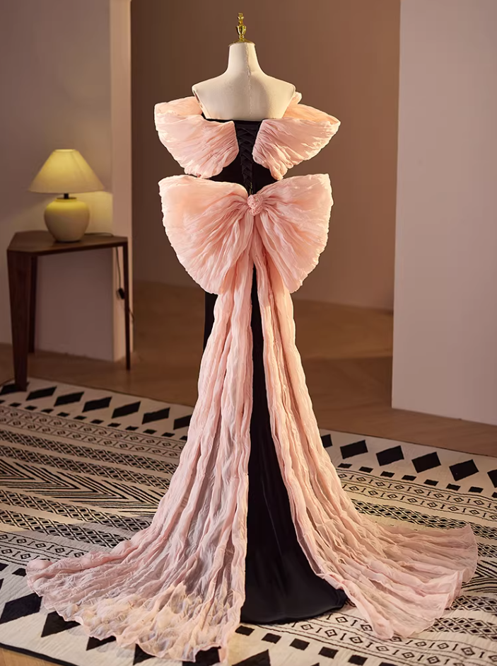 Exquisite Off-Shoulder Black Mermaid Sweet 16th Dresses Bow Train Handmade Flower Prom Dress AP5571