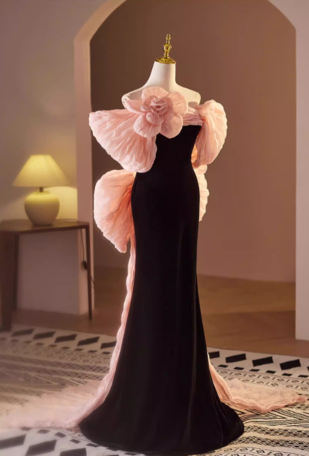 Exquisite Off-Shoulder Black Mermaid Sweet 16th Dresses Bow Train Handmade Flower Prom Dress AP5571