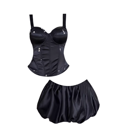 Everyday Wear Spaghetti Strap Corset Puff Mini Skirt Chic Black Two-Piece Crystals Accent A-Line Short Dress AP5572