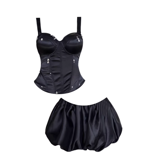 Everyday Wear Spaghetti Strap Corset Puff Mini Skirt Chic Black Two-Piece Crystals Accent A-Line Short Dress AP5572
