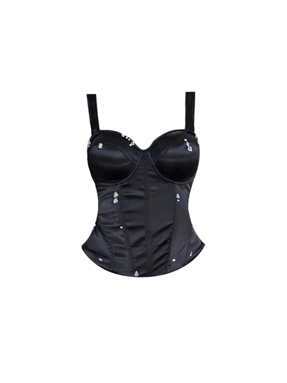 Everyday Wear Spaghetti Strap Corset Puff Mini Skirt Chic Black Two-Piece Crystals Accent A-Line Short Dress AP5572