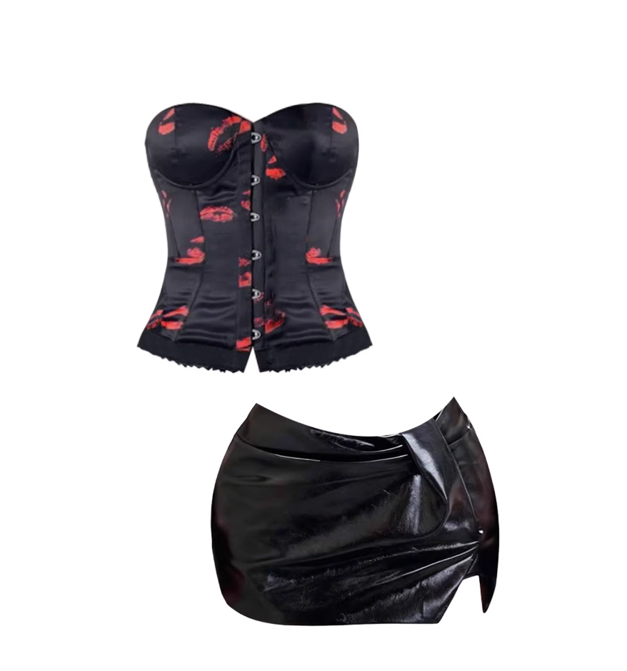 Lovely Lip-Print Lace Trim Bodycon Leather Twist Mini Skirt Edgy Black Two-Piece Strapless Corset 2-Piece Short Dress AP5573