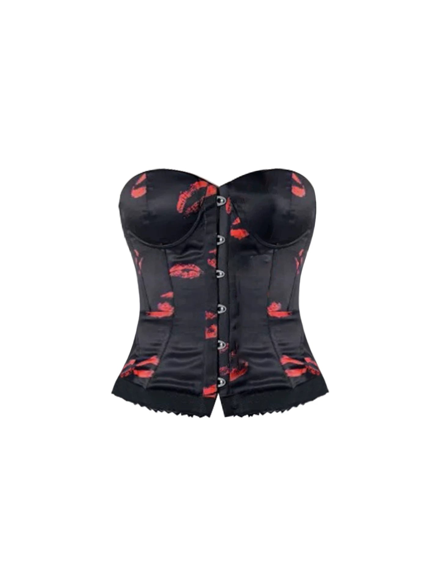 Lovely Lip-Print Lace Trim Bodycon Leather Twist Mini Skirt Edgy Black Two-Piece Strapless Corset 2-Piece Short Dress AP5573