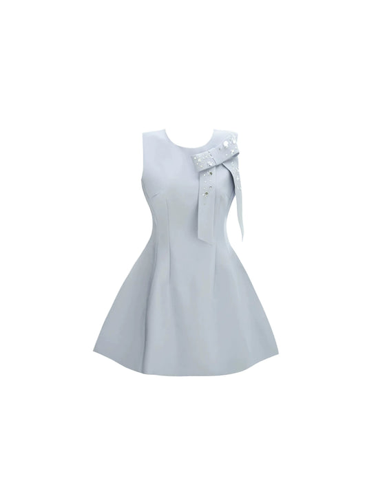 Refined Round Neck Sequins Design Bow A-Line Mini Skirt Elegant Light Gray Sleeveless Flared Short Dress AP5574