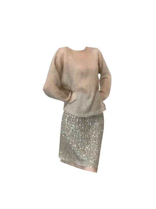 Superb Long Sleeve Loose-Knit Sweater Sequined Bodycon Midi Skirt Trendy Jewel Neck  Champagne Two-Piece Set Long Dress AP5577