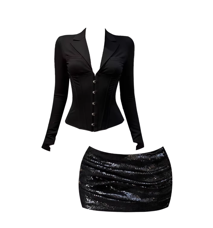 Amazing V Neck Buttoned Front Blazer Sequin Mini Skirt Trendy Black Two-Piece Set Bodycon Short Dress AP5579