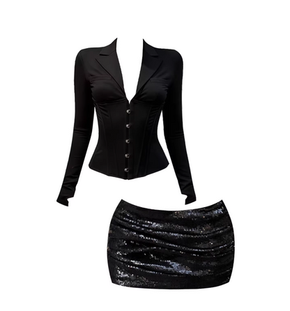 Amazing V Neck Buttoned Front Blazer Sequin Mini Skirt Trendy Black Two-Piece Set Bodycon Short Dress AP5579