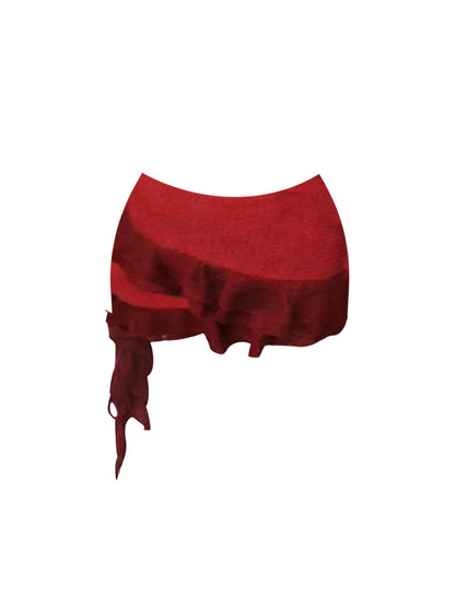 Appealing Burgundy Two-Piece Set Ruffled Tie Mini Skirt Stylish Asymmetric Neck Ruffled Knit Top Bodycon Short Dress AP5580