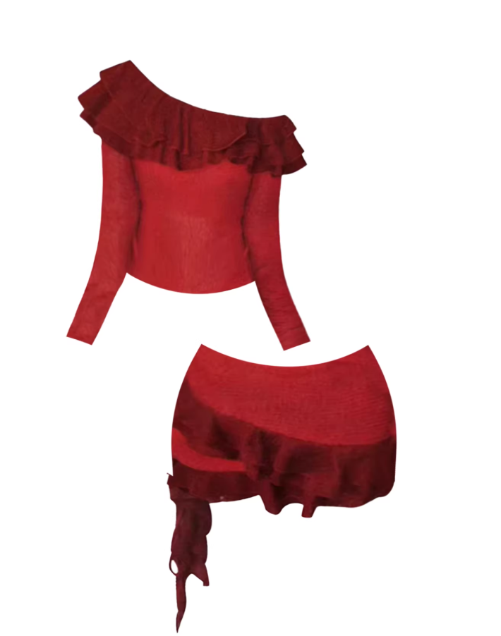 Appealing Burgundy Two-Piece Set Ruffled Tie Mini Skirt Stylish Asymmetric Neck Ruffled Knit Top Bodycon Short Dress AP5580