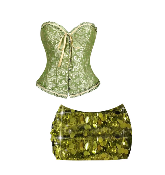 Fascinating Heart Neck Damask Corset Sequin Mini Skirt Trendy Olive Green Two-Piece Set Sheath Short Dress AP5581