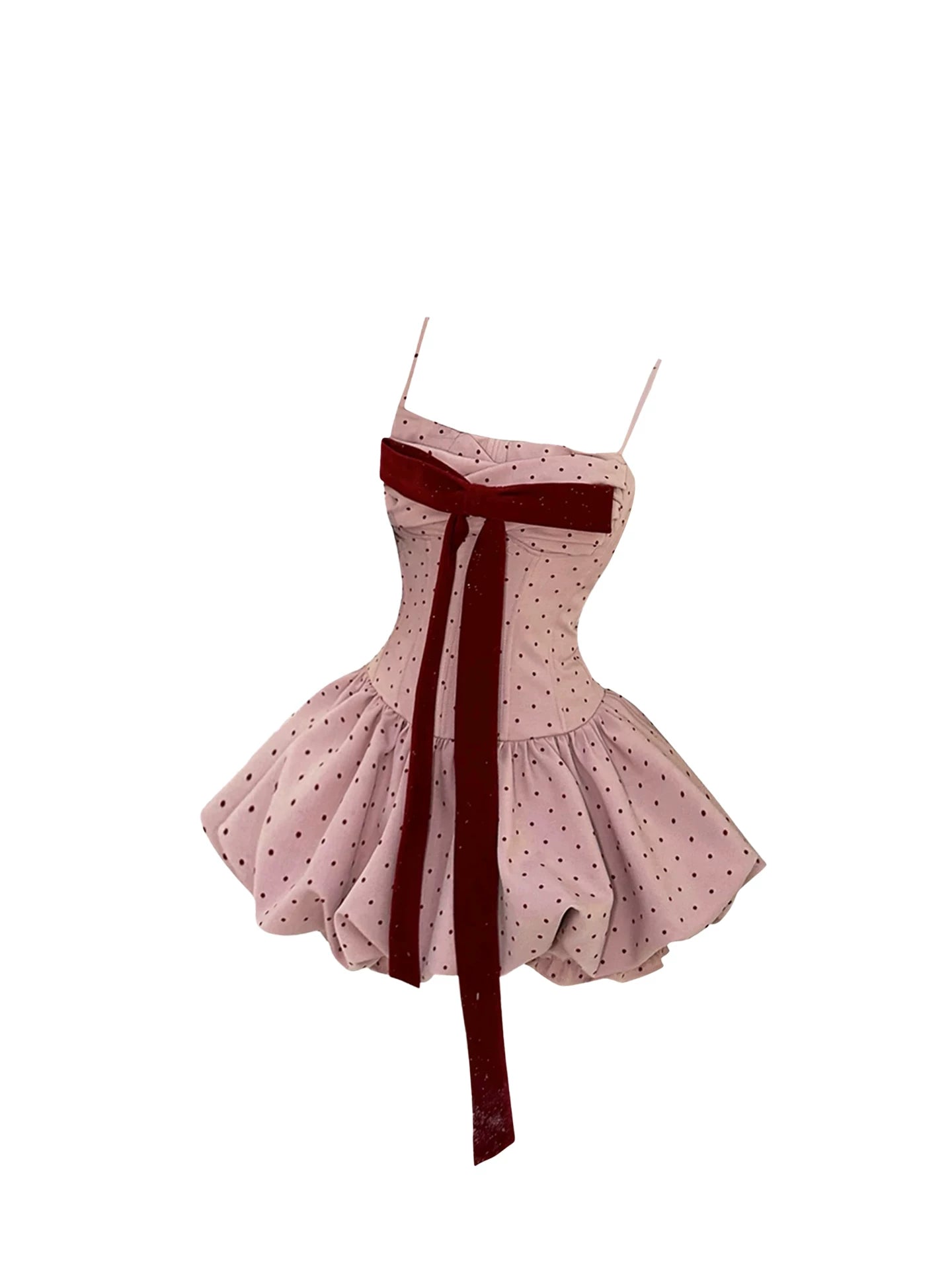 Splendid Spaghetti Strap Burgundy Bow Puff Mini Skirt Chic Pale Pink Polka Dot A-Line Short Dress AP5582
