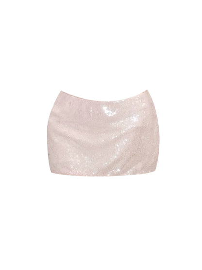 Enticing Strapless Satin Bow Top & Sheath Ruched Mini Skirt Trendy Light Pink Sequin Two-Piece Set Short Dress AP5583