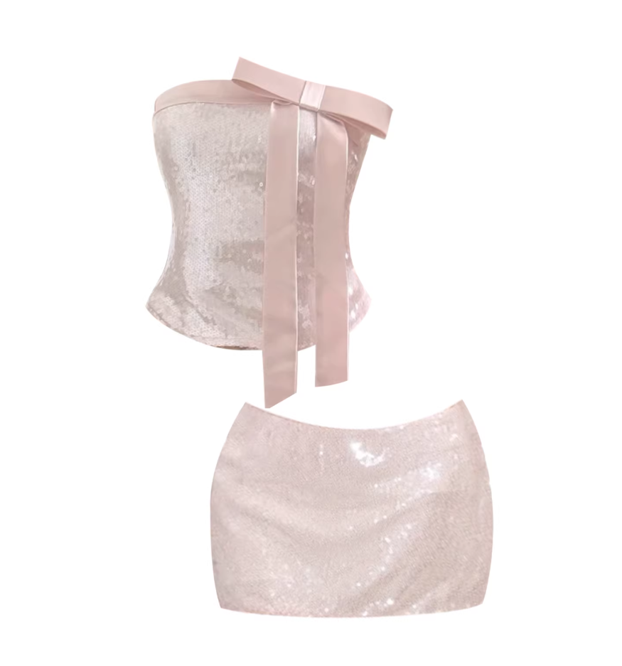 Enticing Strapless Satin Bow Top & Sheath Ruched Mini Skirt Trendy Light Pink Sequin Two-Piece Set Short Dress AP5583