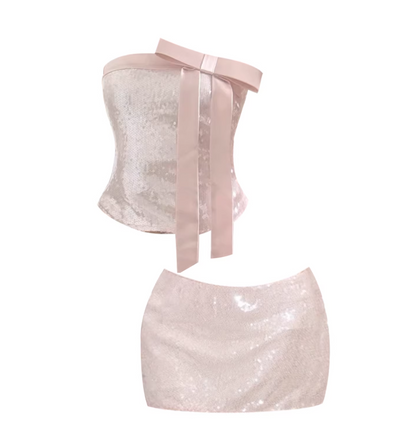 Enticing Strapless Satin Bow Top & Sheath Ruched Mini Skirt Trendy Light Pink Sequin Two-Piece Set Short Dress AP5583