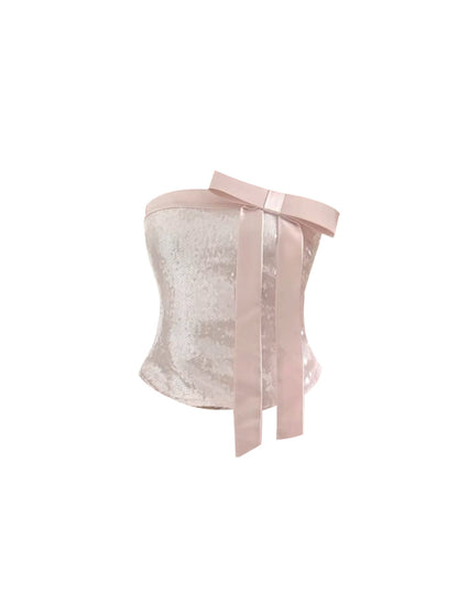 Enticing Strapless Satin Bow Top & Sheath Ruched Mini Skirt Trendy Light Pink Sequin Two-Piece Set Short Dress AP5583