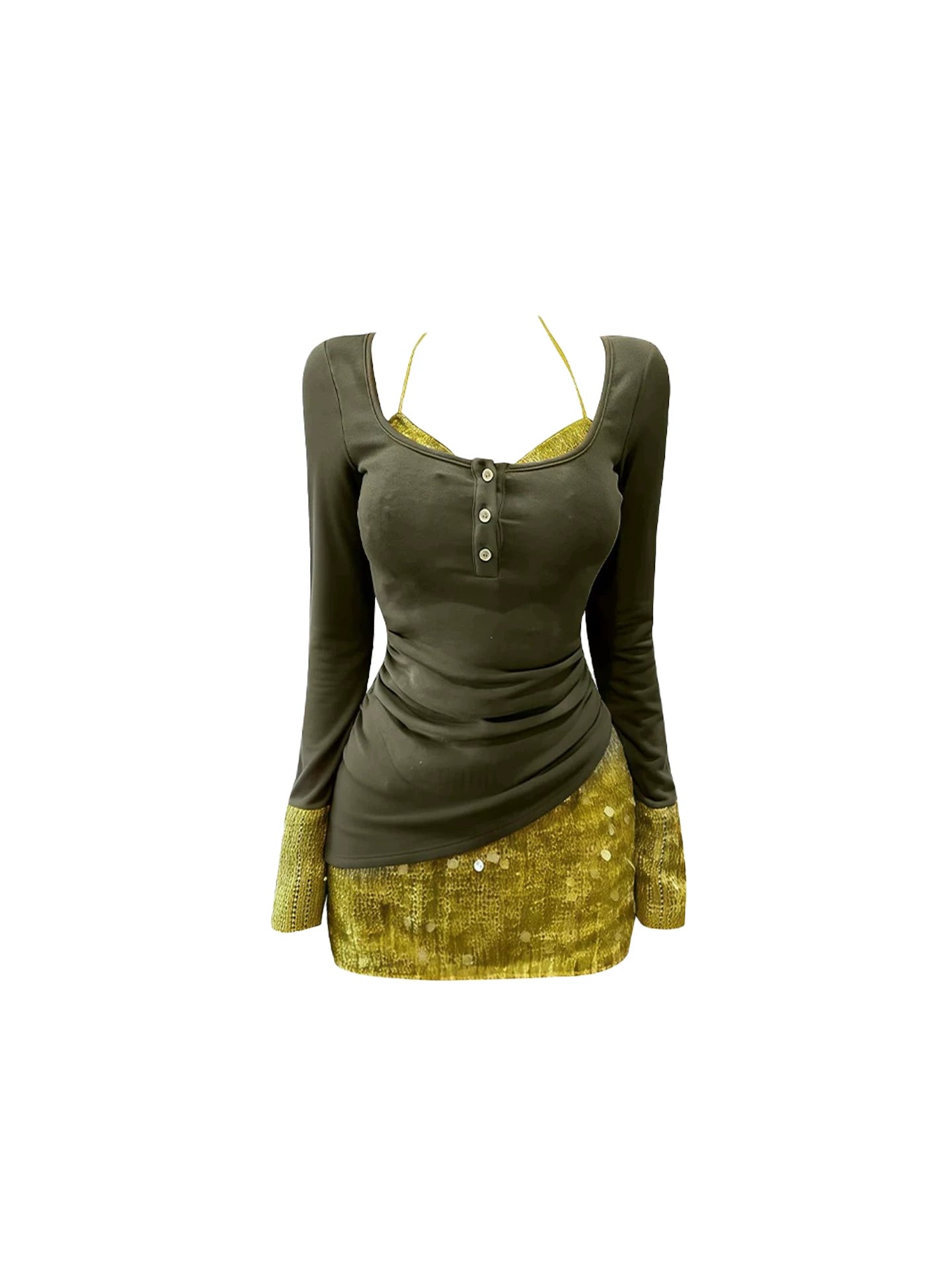 Shiny Long Sleeve Square Neck Top Sequin Mini Skirt Chic Olive Green & Gold Fake Two-Piece Bodycon Short Dress AP5584
