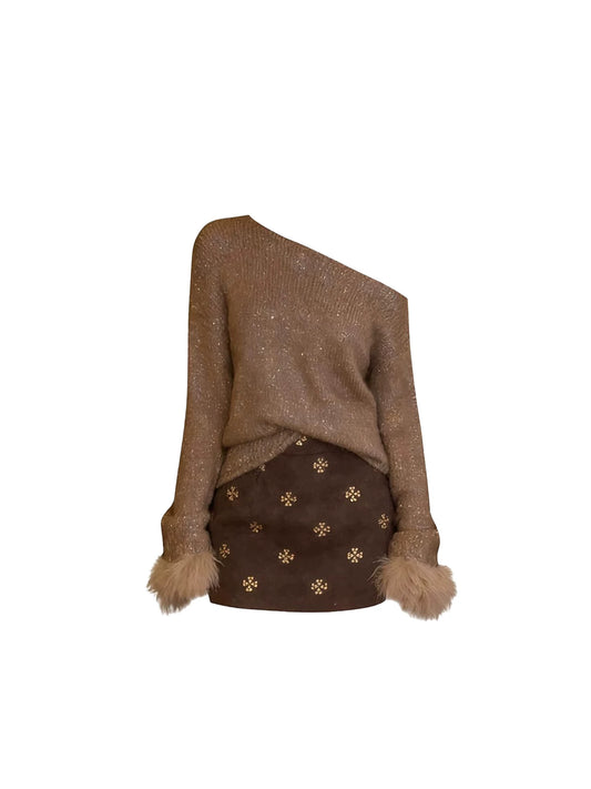 Avant-Garde Sequin Knit Top Asymmetric Neck Clover Print Mini Skirt Chic Bronze Two-Piece Bodycon Short Dress AP5585