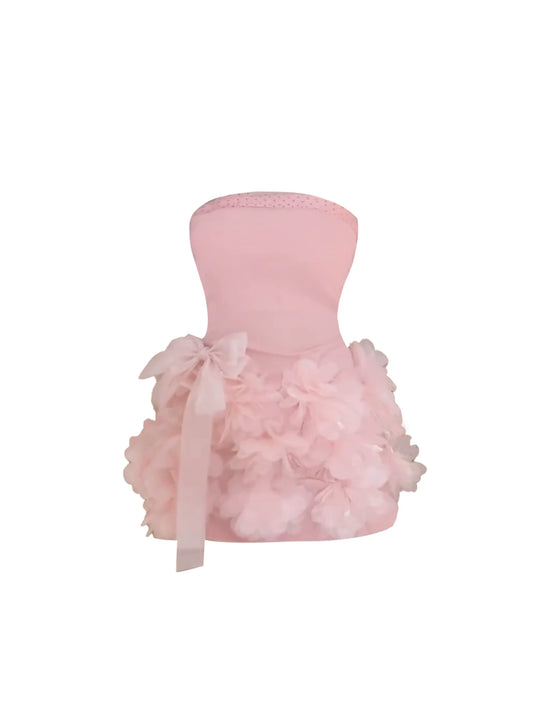 Eye-Catching Light Pink A-Line Mini Skirt Sweet 3D Floral Bow Accent Strapless Short Dress AP5586