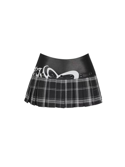 Fresh Zip-Front Collared Top & Plaid Pleated Mini Skirt Stylish White & Black Long Sleeve Two-Piece A-Line Short Dress AP5587