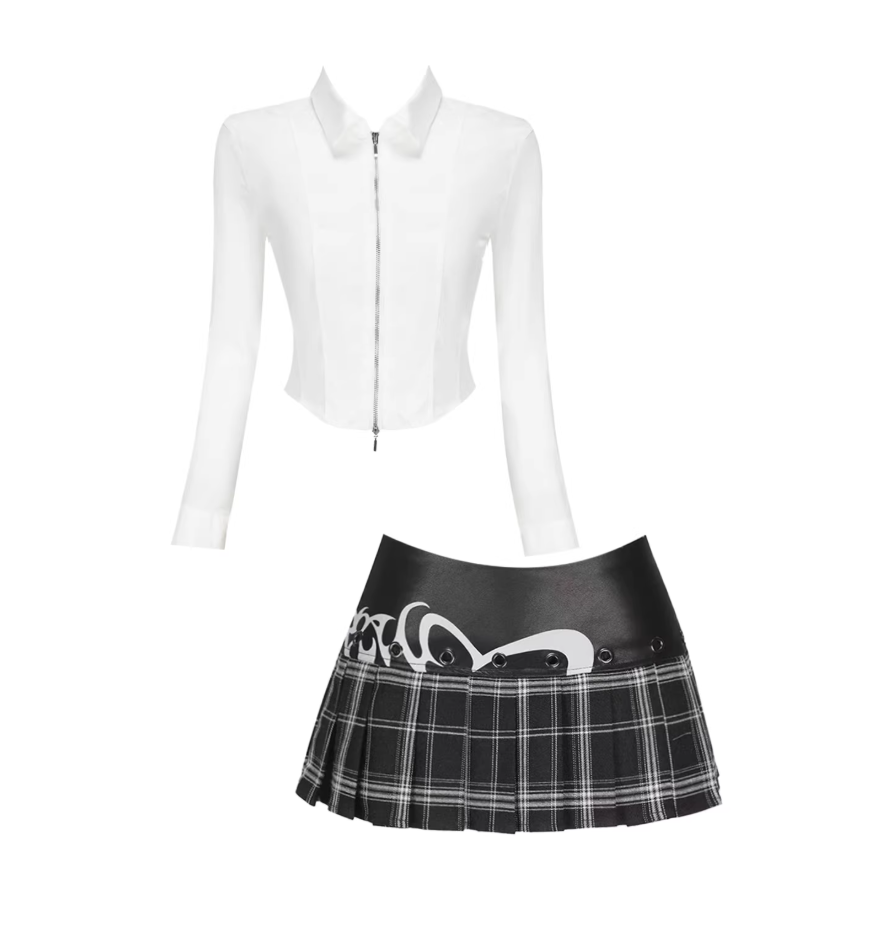 Fresh Zip-Front Collared Top & Plaid Pleated Mini Skirt Stylish White & Black Long Sleeve Two-Piece A-Line Short Dress AP5587