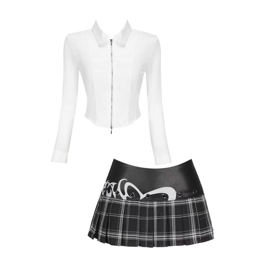 Fresh Zip-Front Collared Top & Plaid Pleated Mini Skirt Stylish White & Black Long Sleeve Two-Piece A-Line Short Dress AP5587