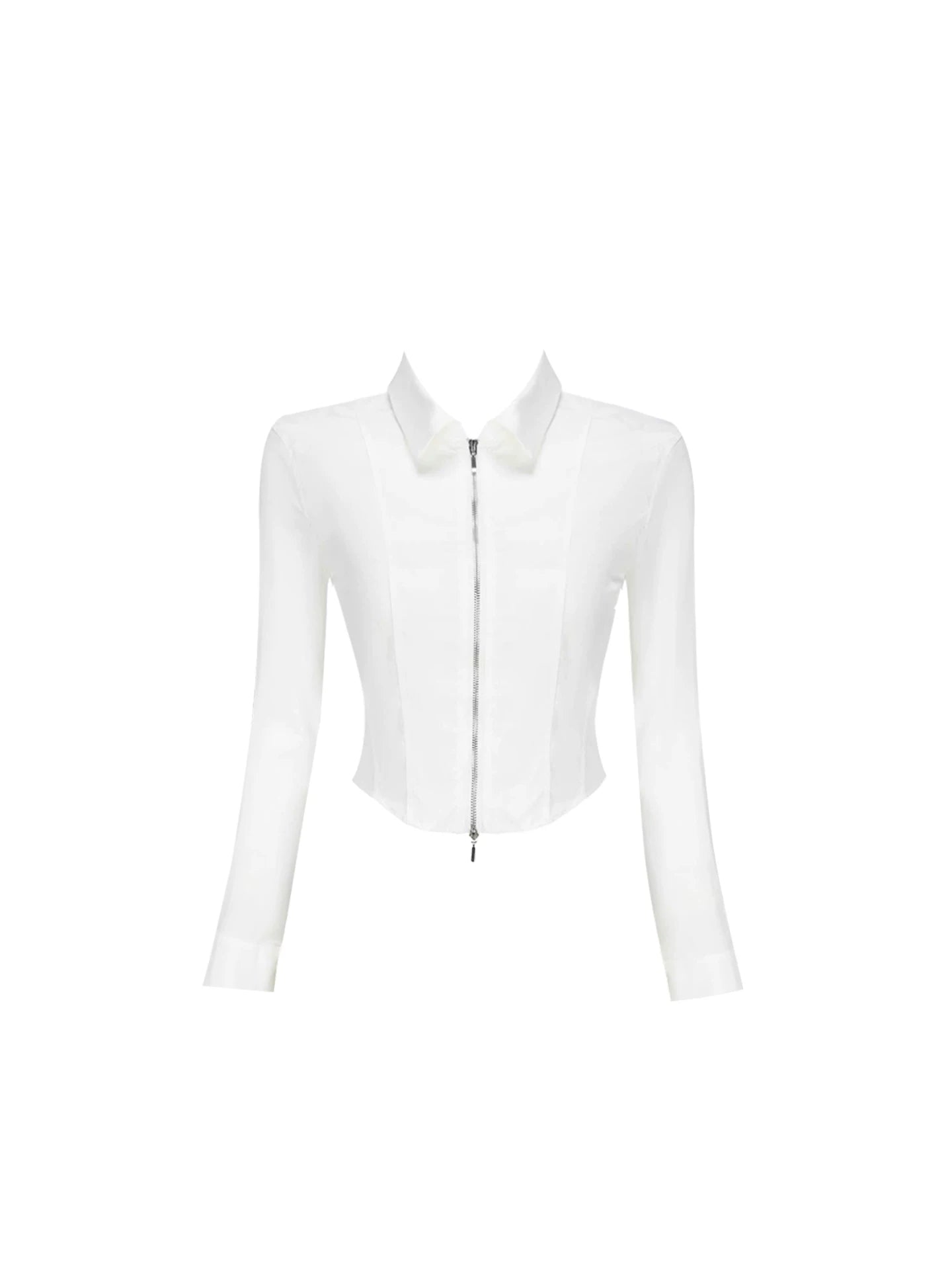 Fresh Zip-Front Collared Top & Plaid Pleated Mini Skirt Stylish White & Black Long Sleeve Two-Piece A-Line Short Dress AP5587
