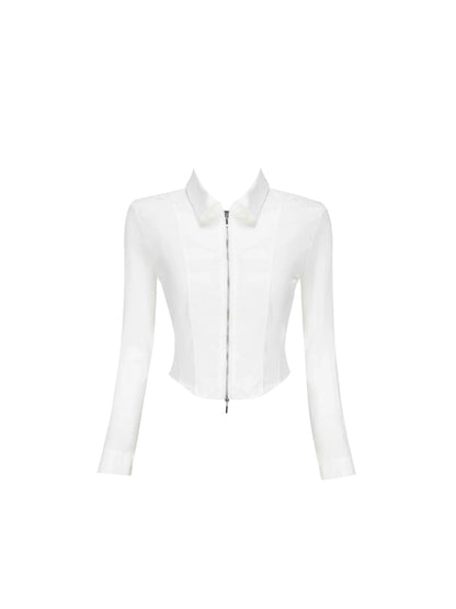 Fresh Zip-Front Collared Top & Plaid Pleated Mini Skirt Stylish White & Black Long Sleeve Two-Piece A-Line Short Dress AP5587