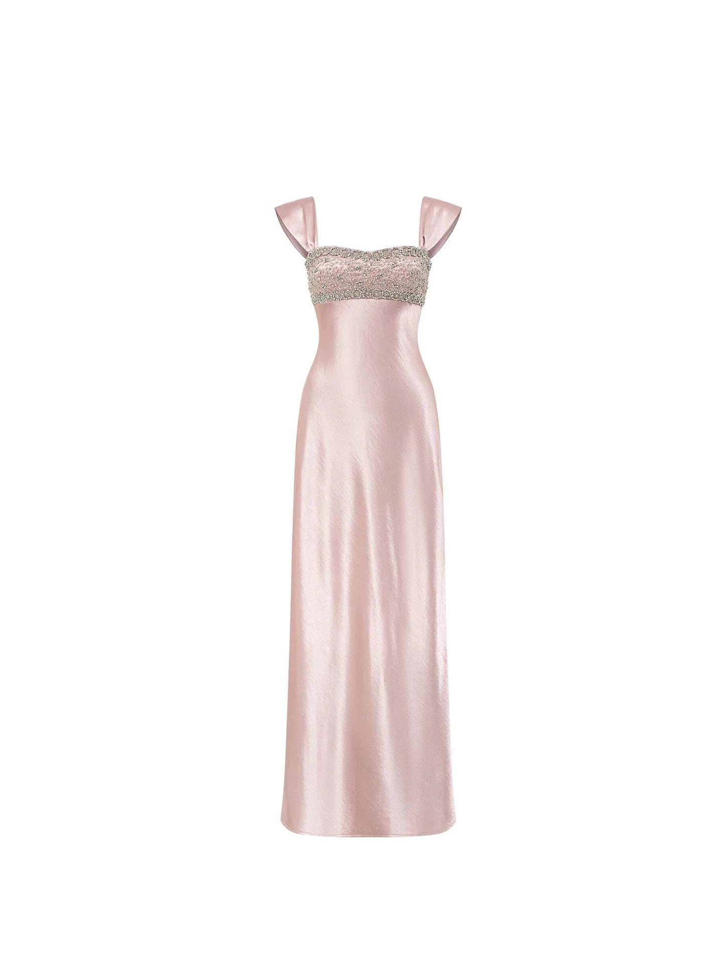 Sleek Beaded Bust Square Neck Sheath Maxi Dresses Elegant Light Pink Satin Long Dress AP5588