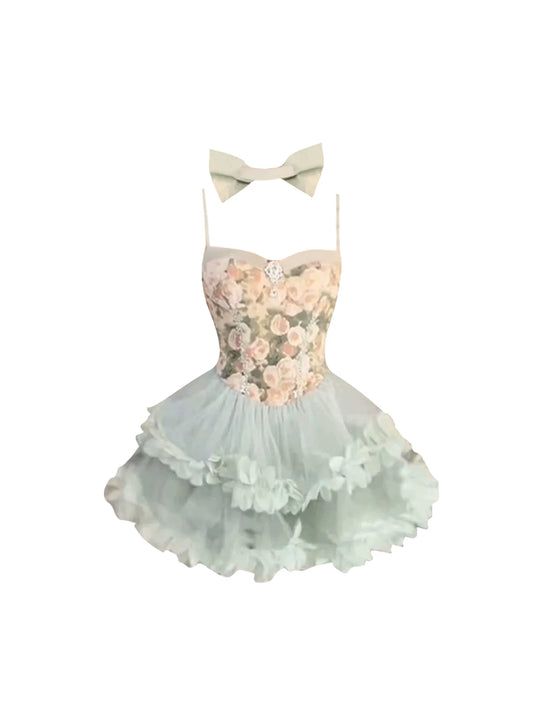 Voluminous 3D Floral Bustier Layered Tulle Spaghetti Strap Mini Skirt Trendy Mint Green Rose Print A-Line Short Dress AP5589