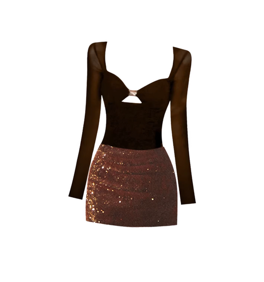 Dainty Night Gatherings Cutout Sweetheart Neck Sequin Mini Skirt Trendy Sheer Long-Sleeve Top Bodycon Short Dress AP5590