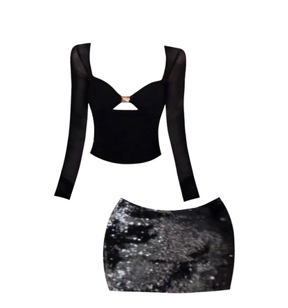 Dainty Night Gatherings Cutout Sweetheart Neck Sequin Mini Skirt Trendy Sheer Long-Sleeve Top Bodycon Short Dress AP5590