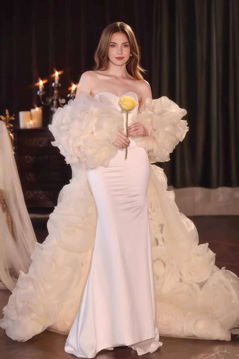 Cozy Strapless Mermaid Bridal Gowns White Satin Wedding Dress AP5591