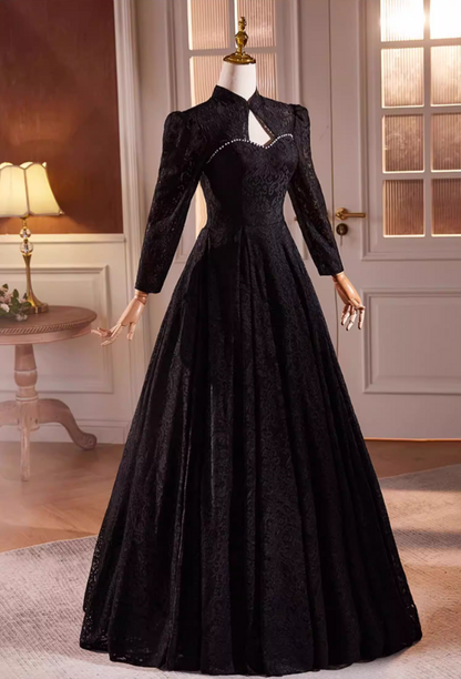 Gothic-Style Cutout High Collar A-Line Black Sweet 16th Dresses Lace Pearls Long Sleeve Prom Dress AP5593