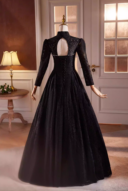 Gothic-Style Cutout High Collar A-Line Black Sweet 16th Dresses Lace Pearls Long Sleeve Prom Dress AP5593