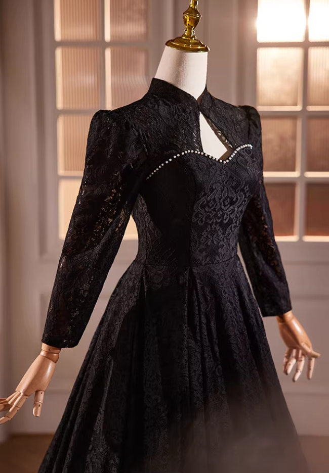 Gothic-Style Cutout High Collar A-Line Black Sweet 16th Dresses Lace Pearls Long Sleeve Prom Dress AP5593