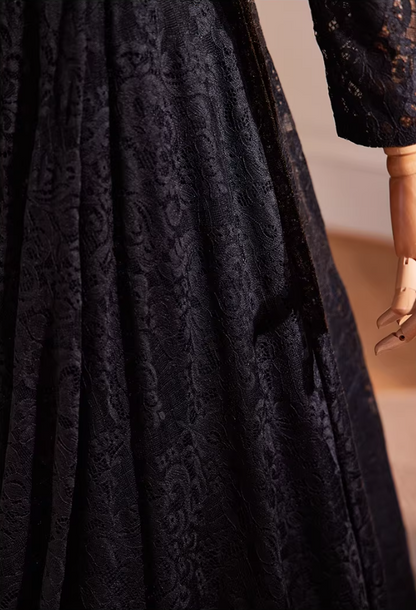 Gothic-Style Cutout High Collar A-Line Black Sweet 16th Dresses Lace Pearls Long Sleeve Prom Dress AP5593