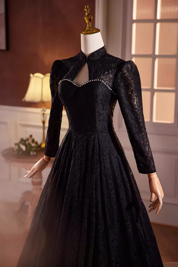 Gothic-Style Cutout High Collar A-Line Black Sweet 16th Dresses Lace Pearls Long Sleeve Prom Dress AP5593
