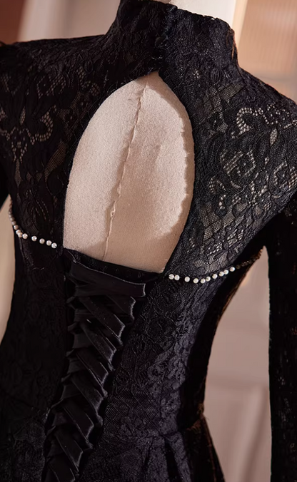 Gothic-Style Cutout High Collar A-Line Black Sweet 16th Dresses Lace Pearls Long Sleeve Prom Dress AP5593