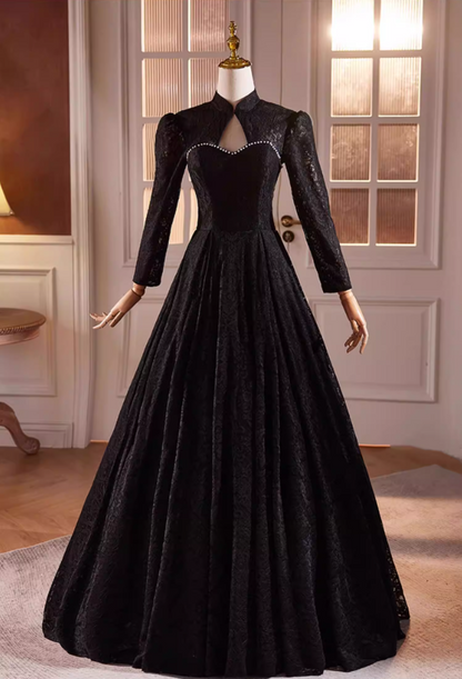 Gothic-Style Cutout High Collar A-Line Black Sweet 16th Dresses Lace Pearls Long Sleeve Prom Dress AP5593