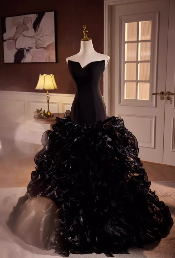 Romantic Strapless Long Evening Mermaid Dress Ruffles Tulle Black Prom Dress AP5594
