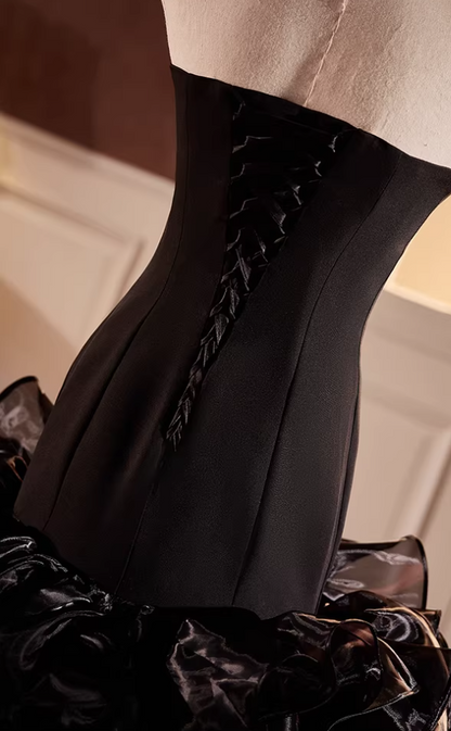 Romantic Strapless Long Evening Mermaid Dress Ruffles Tulle Black Prom Dress AP5594
