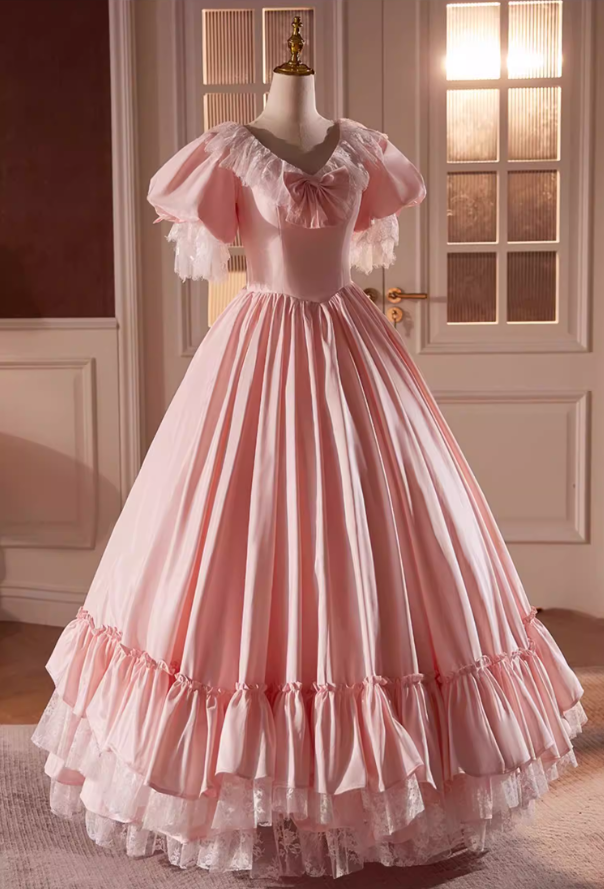 Ornate A-Line V Neck Pink Satin Sweet 16th Gowns Bow Tiered Lace Puff Short Sleeve Prom Dress AP5595