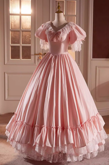 Ornate A-Line V Neck Pink Satin Sweet 16th Gowns Bow Tiered Lace Puff Short Sleeve Prom Dress AP5595