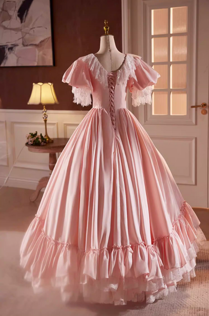 Ornate A-Line V Neck Pink Satin Sweet 16th Gowns Bow Tiered Lace Puff Short Sleeve Prom Dress AP5595