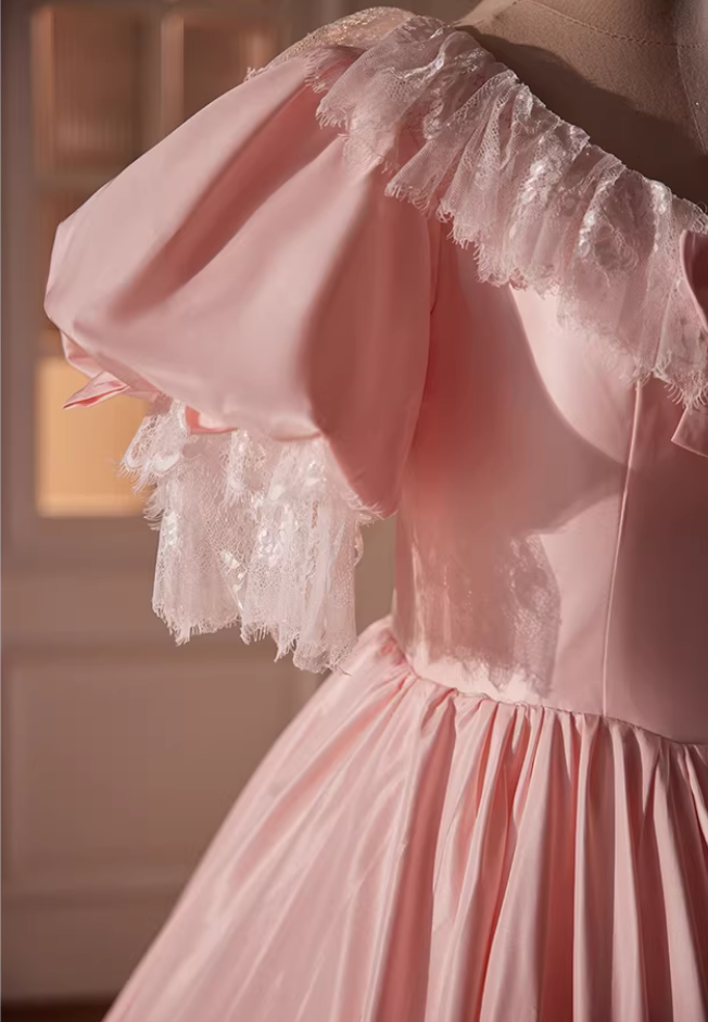 Ornate A-Line V Neck Pink Satin Sweet 16th Gowns Bow Tiered Lace Puff Short Sleeve Prom Dress AP5595