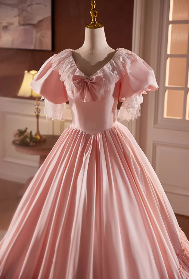 Ornate A-Line V Neck Pink Satin Sweet 16th Gowns Bow Tiered Lace Puff Short Sleeve Prom Dress AP5595