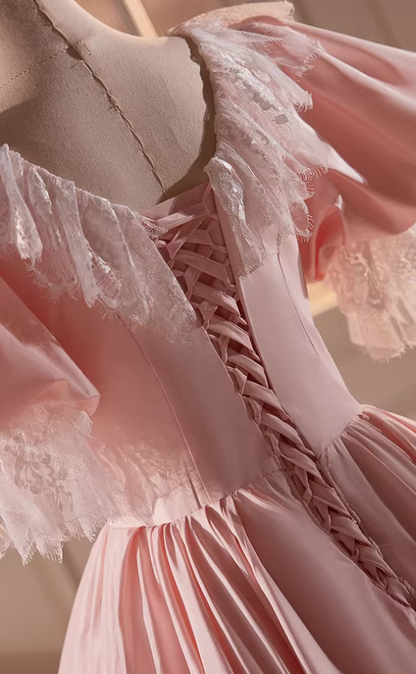 Ornate A-Line V Neck Pink Satin Sweet 16th Gowns Bow Tiered Lace Puff Short Sleeve Prom Dress AP5595