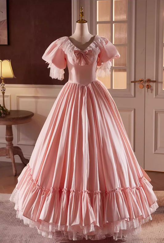 Ornate A-Line V Neck Pink Satin Sweet 16th Gowns Bow Tiered Lace Puff Short Sleeve Prom Dress AP5595