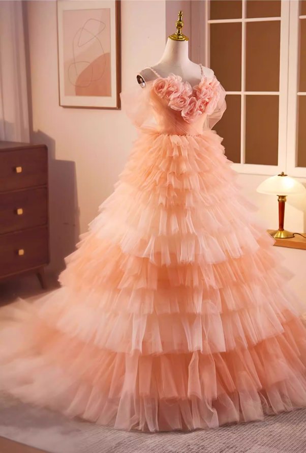 Fabulous A-Line Beaded Spaghetti Strap Evening Gowns Handmade Flowers Tiered Ombre Tulle Prom Dress AP5596